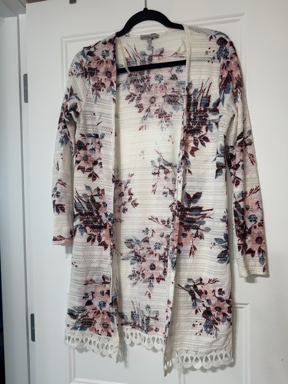 Charlotte Russe Cream Open-Front Cardigan with Pink & Blue Floral